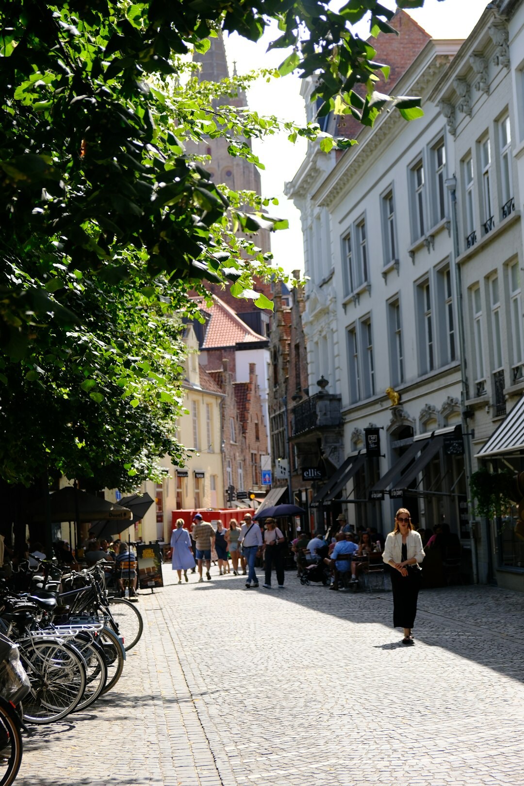 Historic buildings and cobblestone square in a Belgian city center